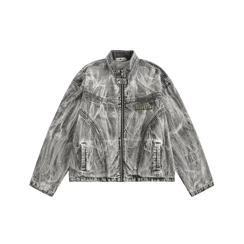 Retro High Street Distressed Graffiti Print Denim Jacket Men's Spring Autumn New Loose Biker Style Coat with Destructed Details