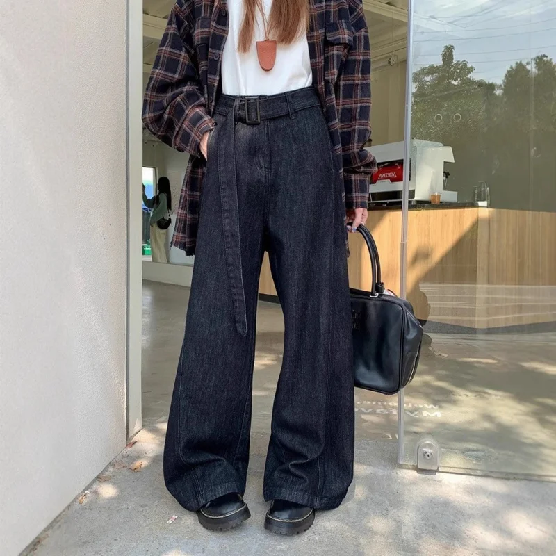 

American Style Autumn Winter Black and Gold Fleece Wide Leg Casual Denim Pants with Belt