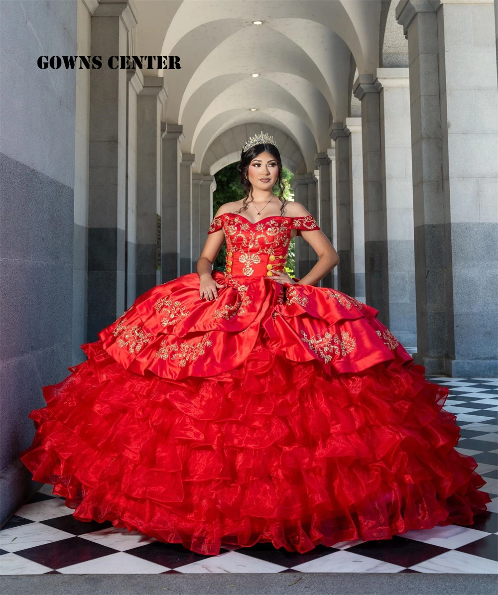 

Glamorous Red 15 Quinceanera Dresses Mexican Embroidery Ruffles Ball Gown Tiered Tulle Ruched Train Wedding Dress Customized