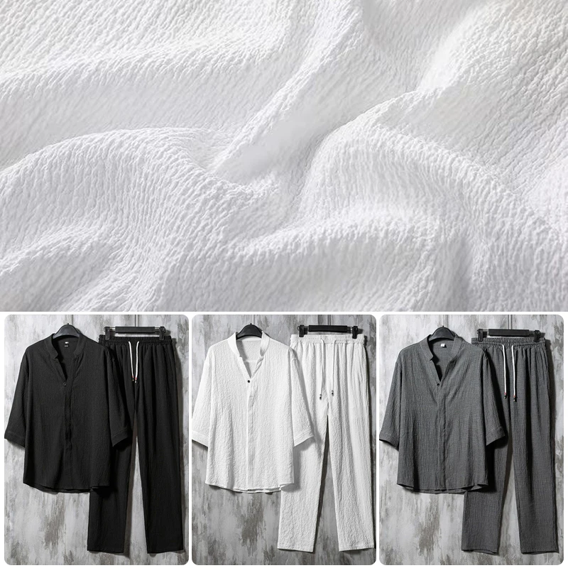 Men Outfit Set Ultrathin Ice Summer Breathable Shirts Long Pant Suits Solid Color Casual Loose Cotton Linen Two Piece Set