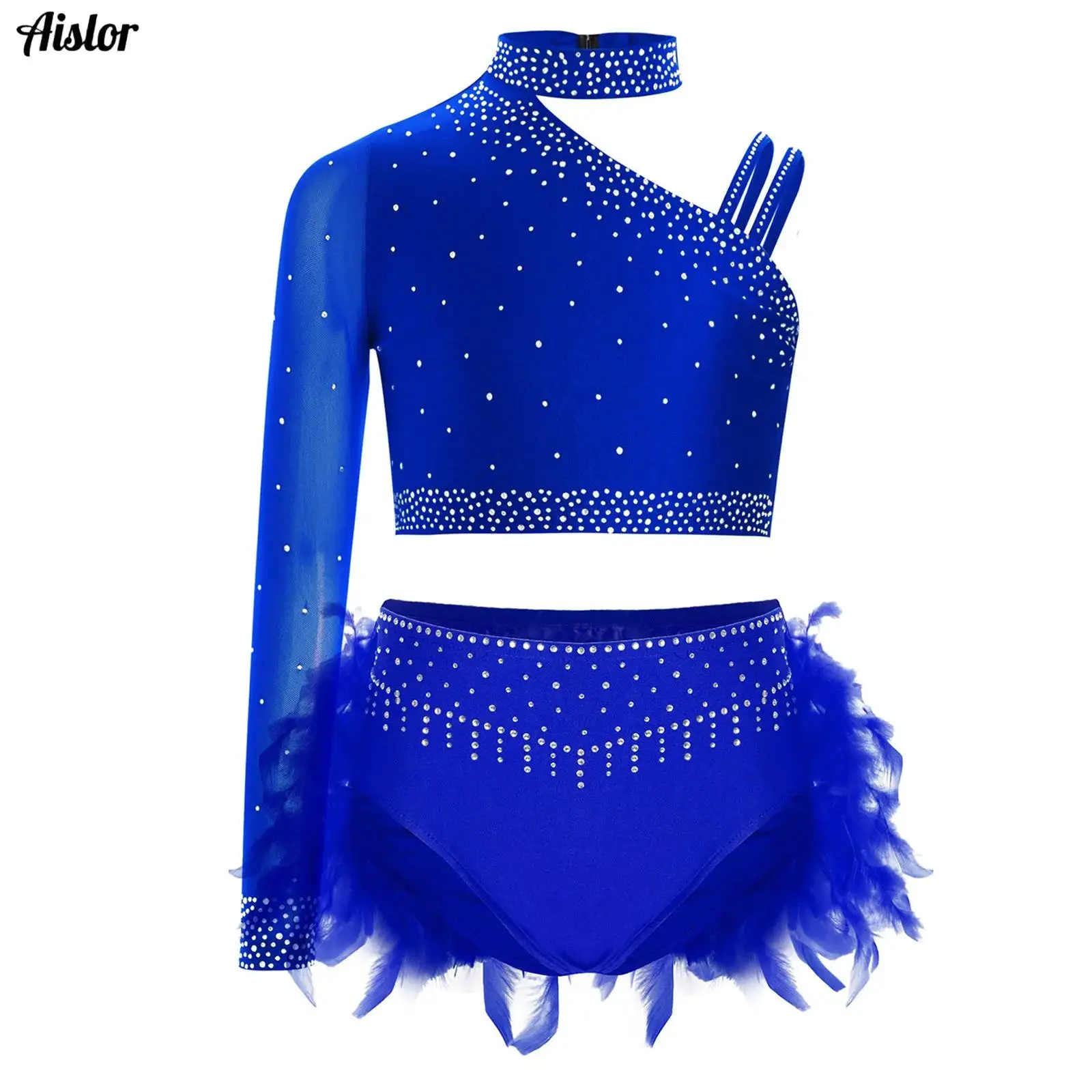 

Kids Girls Latin Jazz Dance Performance Costume 2Pcs Sparkly Rhinestones Irregular Shoulder Crop Top with Feather Briefs Outfit
