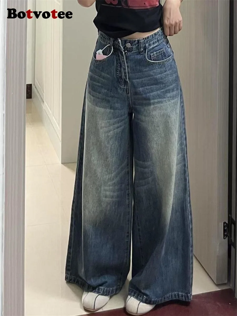 

Botvotee винтажные потертые широкие джинсы женские прямые джинсовые брюки с высокой талией американские ретро свободные брюки с струящимся подолом