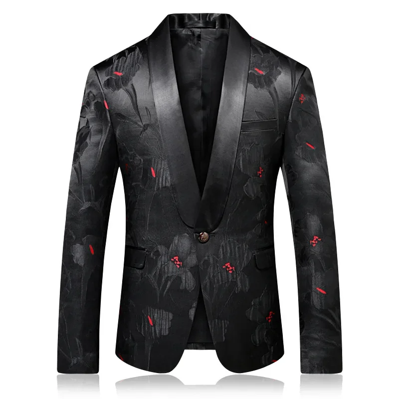 

Spring Fall Korean Style Men Fashion Dobby Floral Black One Button Blazer Coat , Man 4xl Host Slim Jacquard Flower Blazers Coats