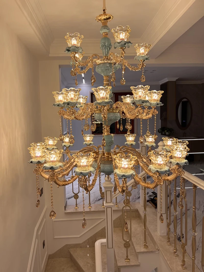 Atmosphere Zinc Alloy Large Chandeliers European Style Long Pendant Lamps Deluxe Banquet Hall Hotel Lobby Stair Chandelier Light