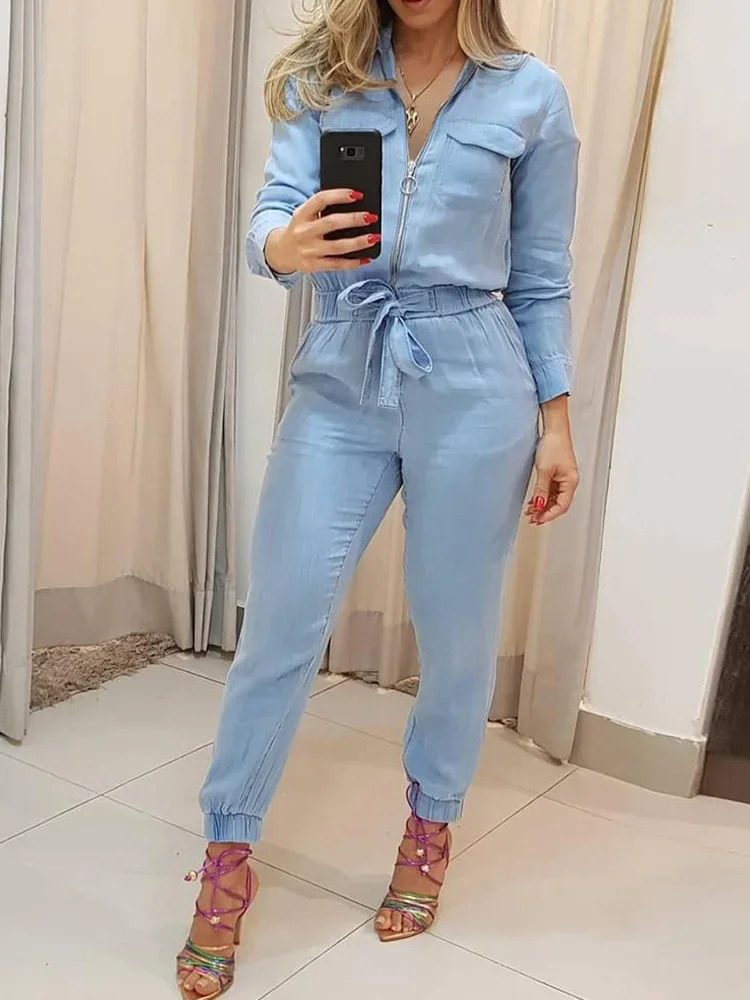 Zipper Pocket Design Jumpsuit Women Long Sleeve Slim Fit Lace Up Waist Rompers Jumpsuits Casual Overalls