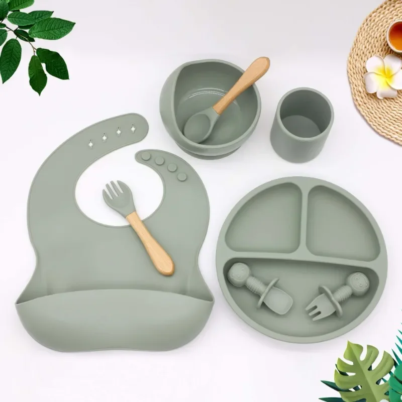 

2024 Baby Cute Set Food Utensils Edible Silicone Safety Material Pink Grey Home Kindergarten 1-3y Cup Bowl Fork Spoon Easy Clean