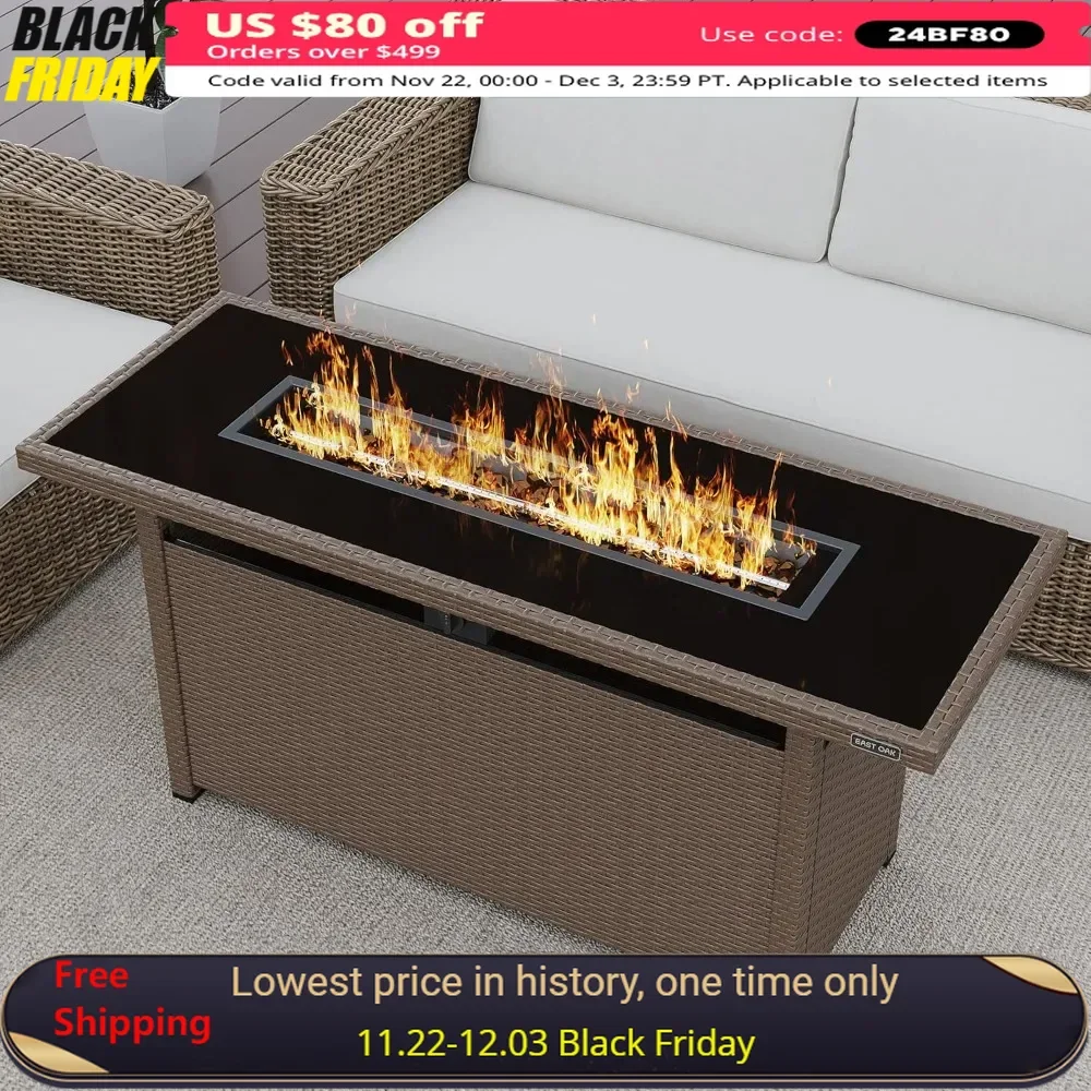 

57" Gas Fire Pit Table with 9.2lb Glass Stone & Removable Lid，60,000 BTU Fire Pit W/Tempered Glass Desktop，Patio Fire Table