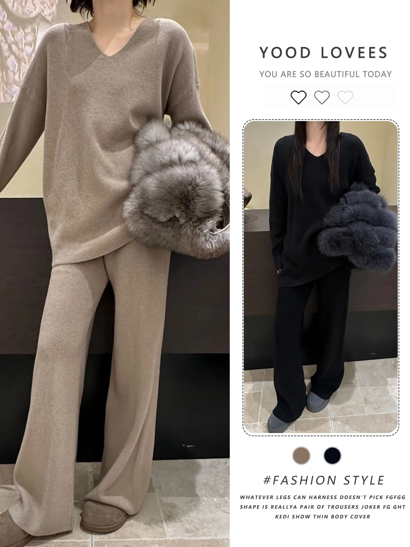 Slimming Effect V-Neck Knitwear Wide Leg Pants Fashionable Women's Two-Piece Set Autumn Winter New Arrival Versatile Casual S...