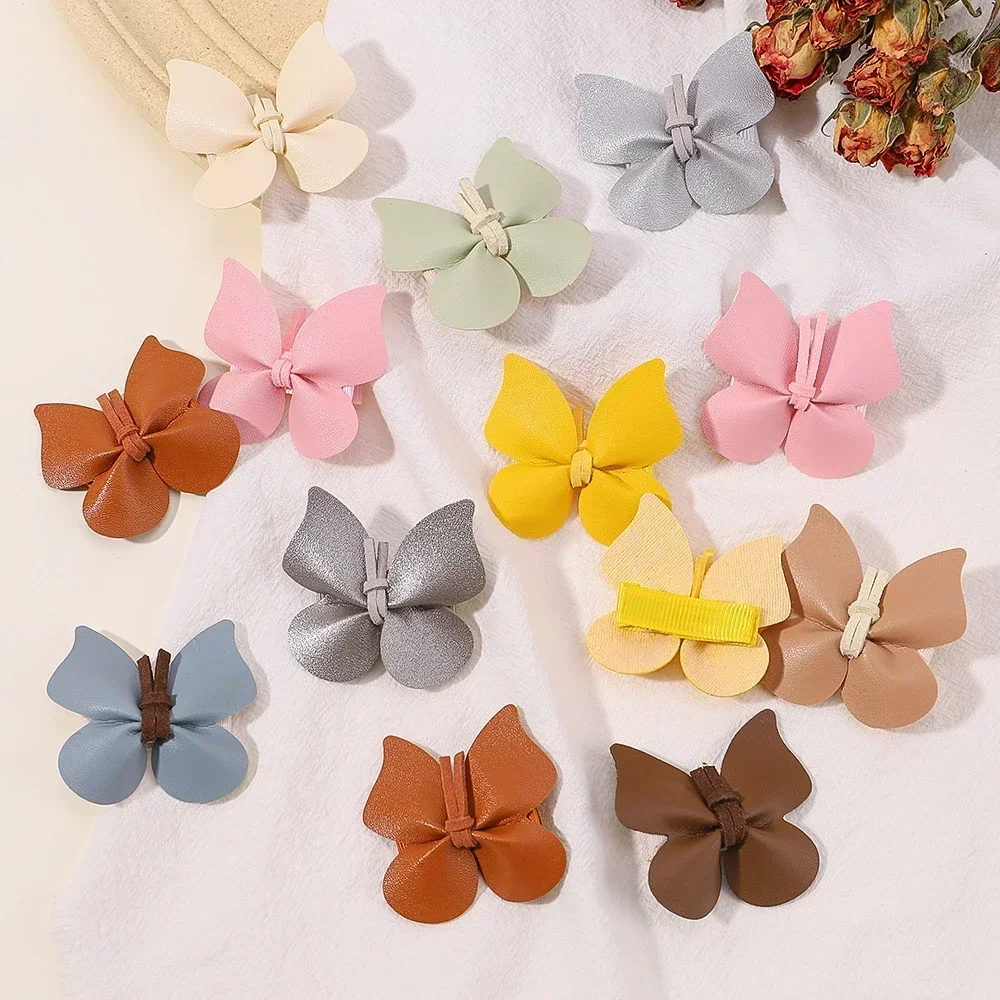 Handmade PU Leather Butterfly Hair Clips para meninas do bebê, Safe Hairpins, Solid Headband, Princess Hair Accessories for Kids, Cute, 8Pcs