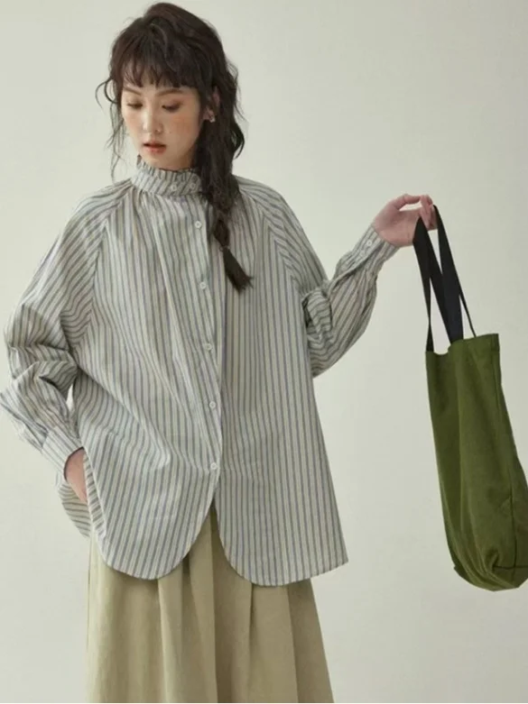 Azul listrado feminino longo sve irt gola francês sle algodão poliéster mistura resistente à deformação primavera temporada