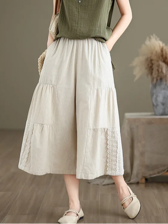 

Свободные брюки-палаццо из хлопка и льна с высокой талией, длиной 7/8, с кружевной отделкой, в повседневном летнем стиле, большие размеры