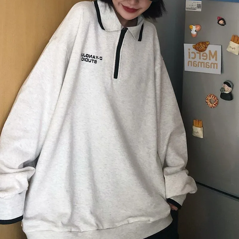 

Harajuku Streetwear Gray Sweatshirts Women Korean Style Polo Collar Basic Hoodie Pullover Oversize Long Sleeve Tshirts