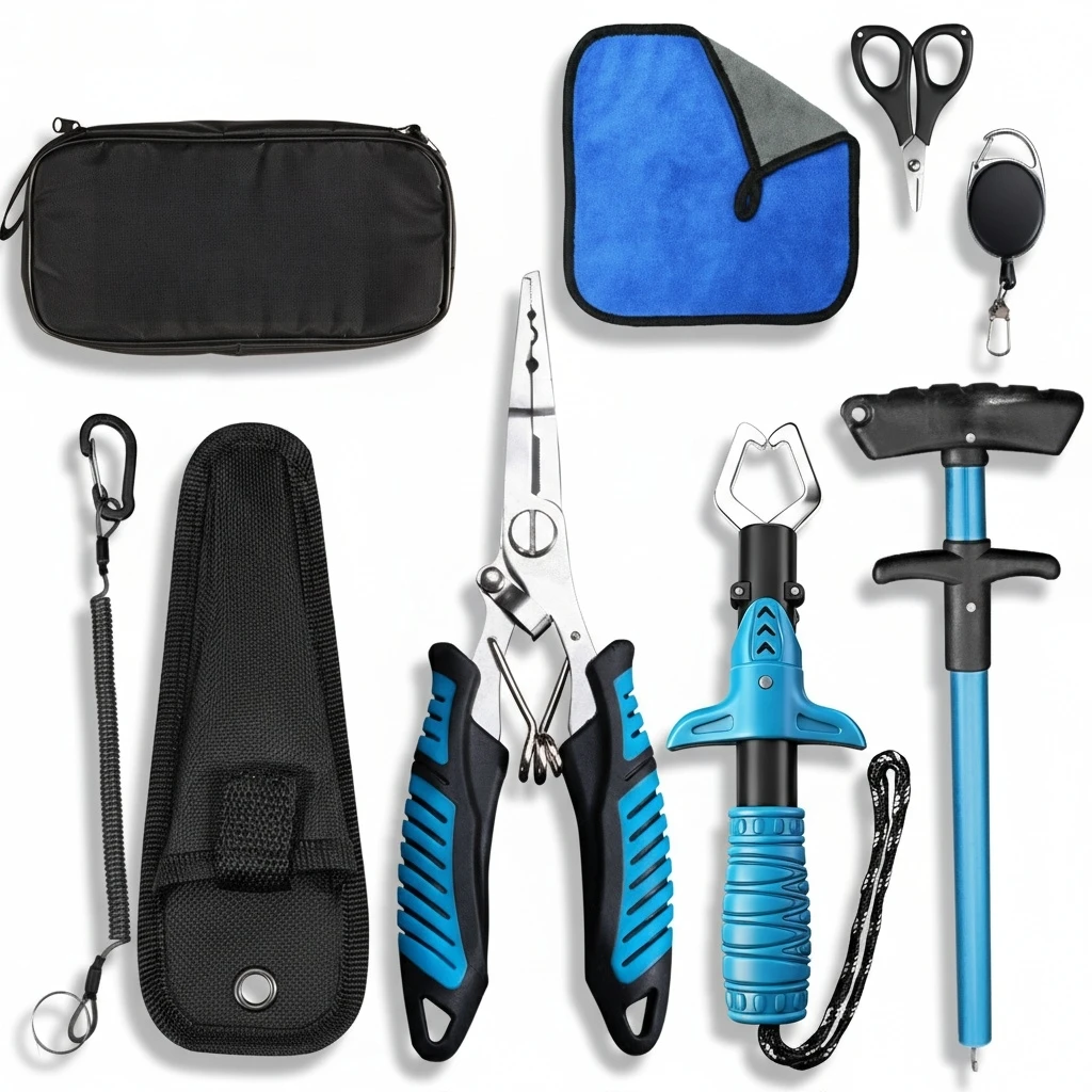 Complete Fishing Tool Set: Pliers, Fish Gripper, Hook Remover, Shears, Towel & Portable Carry Bag for All Anglers