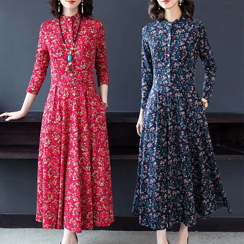 Elegant Vintage Women Floral Long Dress Spring Autumn Long Sleeve Slim Dresses Fashion Female Tunics New Casual Sundress 2023