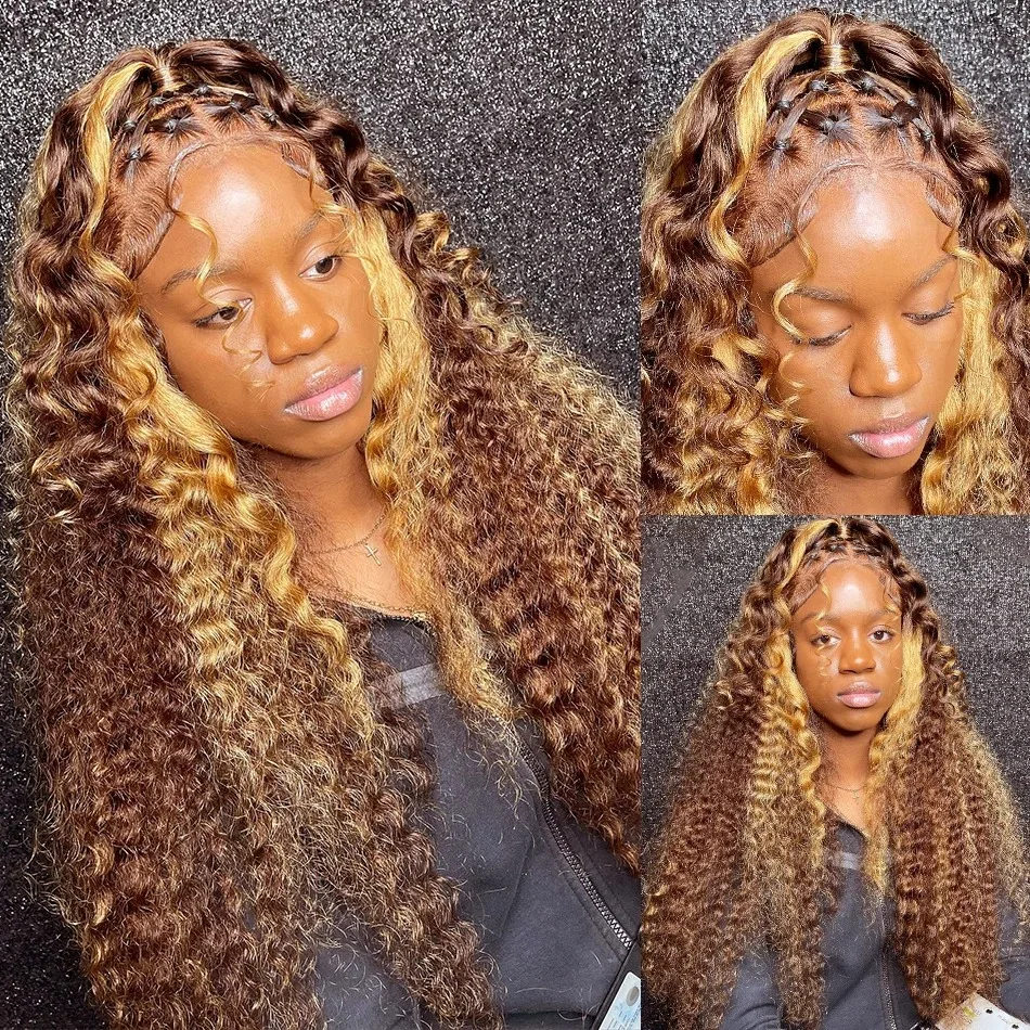 Perruque Lace Front Wig Remy Naturelle Bouclée, Cheveux Humains, Deep Wave, Brun Miel, Ombrée, 13x6 13x4, à Reflets, pour Femme