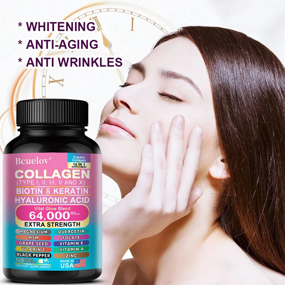 Collagen Peptides Type I, II, III, V & X Biotin Keratin Hyaluronic Acid MSM Vitamins ACE Skin Hair Nails Joint Health Anti-Aging