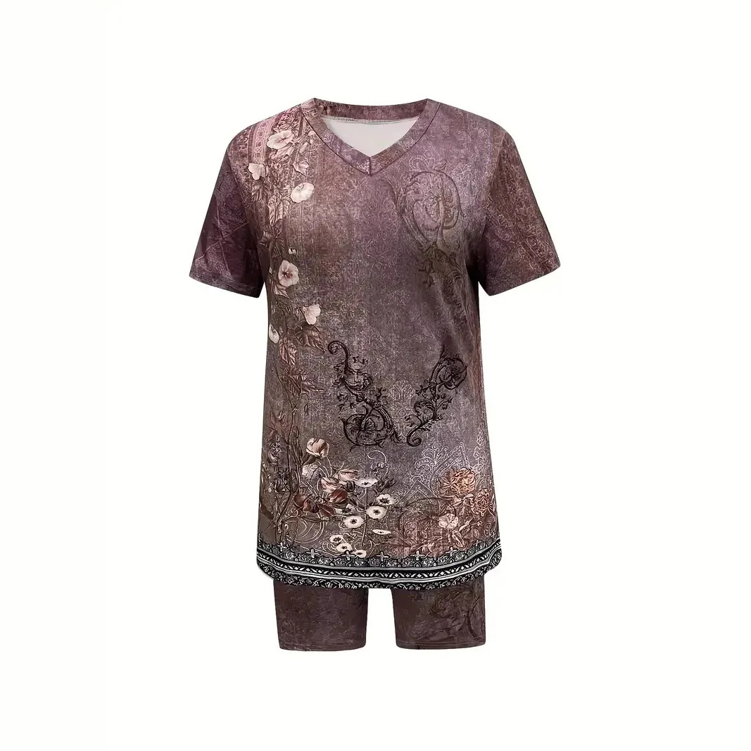 ファッションVネック半袖プリントツーピースセット レディース 2025 夏 カジュアル ホーム 快適 ツーピースセット レディース トップス＆ショーツ