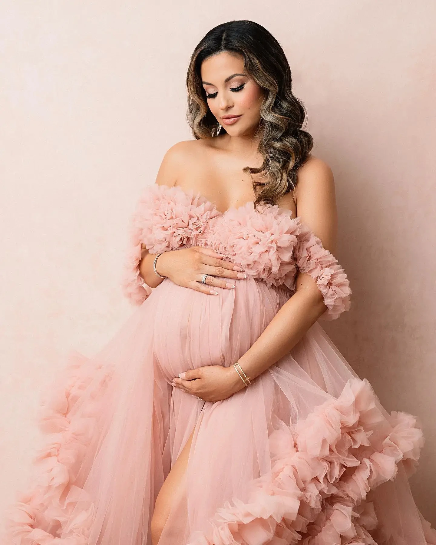 Vestidos de mulheres grávidas em camadas com babados, roupões de tule com divisão frontal, roupa de dormir de noiva para casamento, vestidos de maternidade para sessão de fotos, tamanho grande