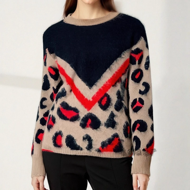 

2025 Autumn and Winter New Women's Clothing Plush Printed Knitted Pullover Round Neck Leopard Print Sweater for Women