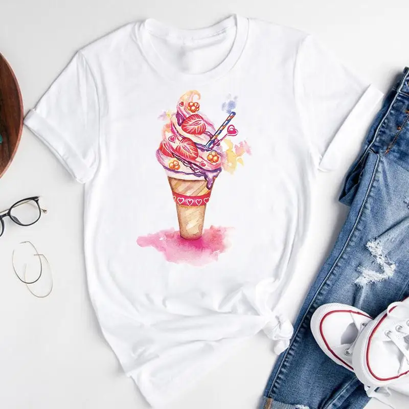 Women Graphic Cartoon Ice Cream Floral Flower Beach Short Sleeve Summer Fashion Print Wear Vacation Tops Tees Tshirt T-Shirt