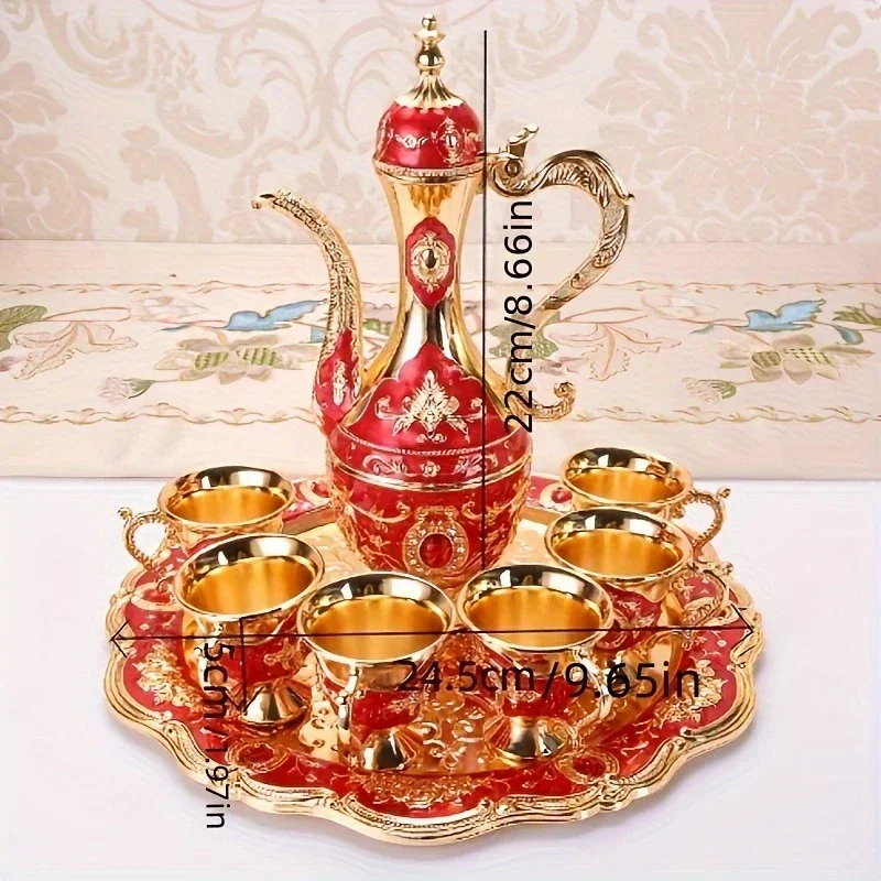 European Style Vintage Metal Turkish Coffee Pot Set 6 Luxury Coffee Cups Craft Tea Tray Teapot For Serving Tea Gift view 5