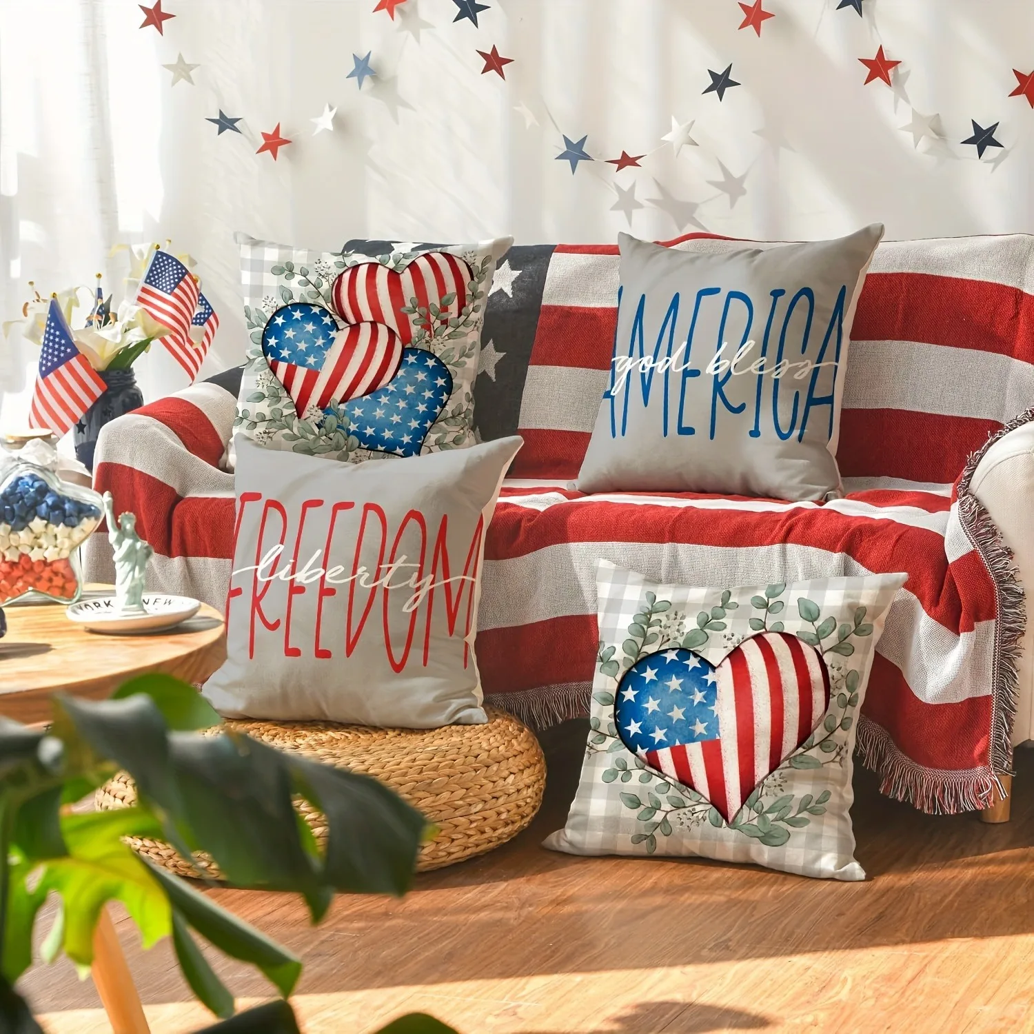 Fresh Style Patriotic Theme Pattern Home Decor Pillowcase Living Room Sofa Polyester Cushion Cover with Zipper