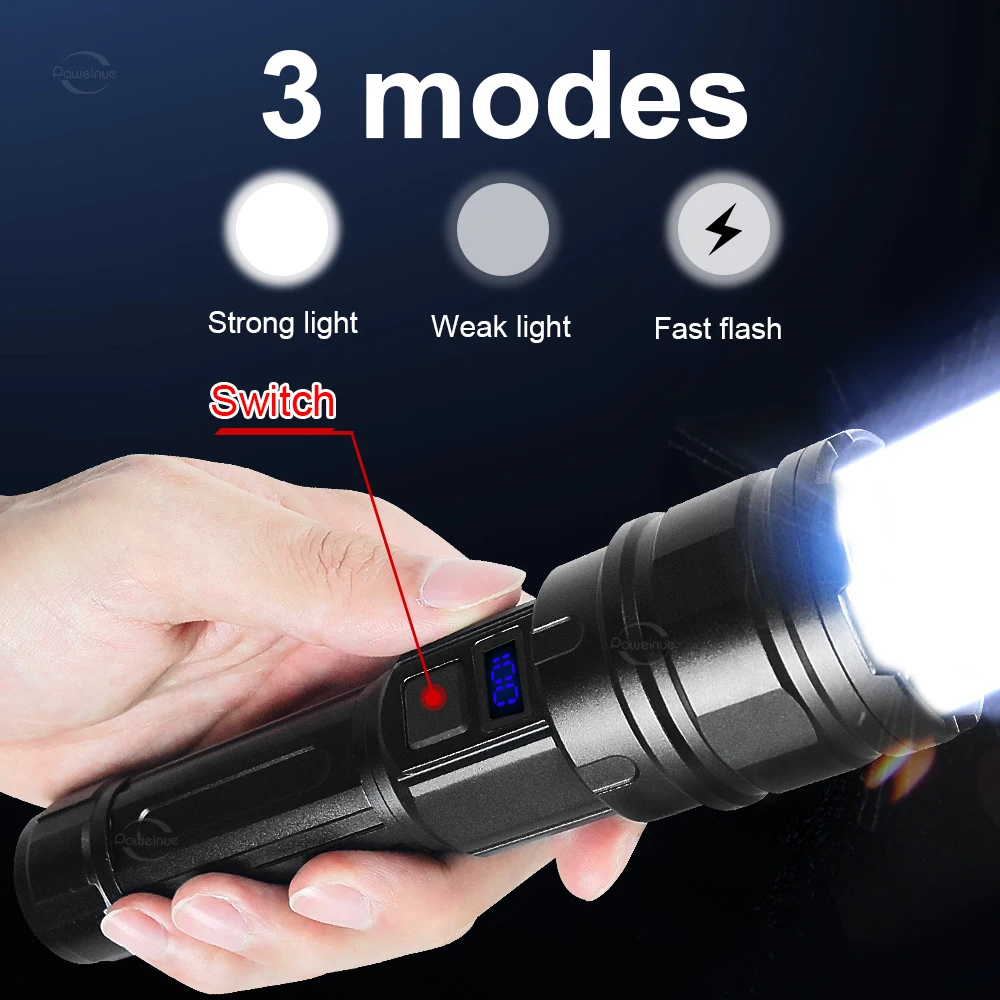 200000LM High Power LED Flashlight 500W Type-C Rechargeable Tactical Flash Light 26650 Powerful LED Torch With Power Display