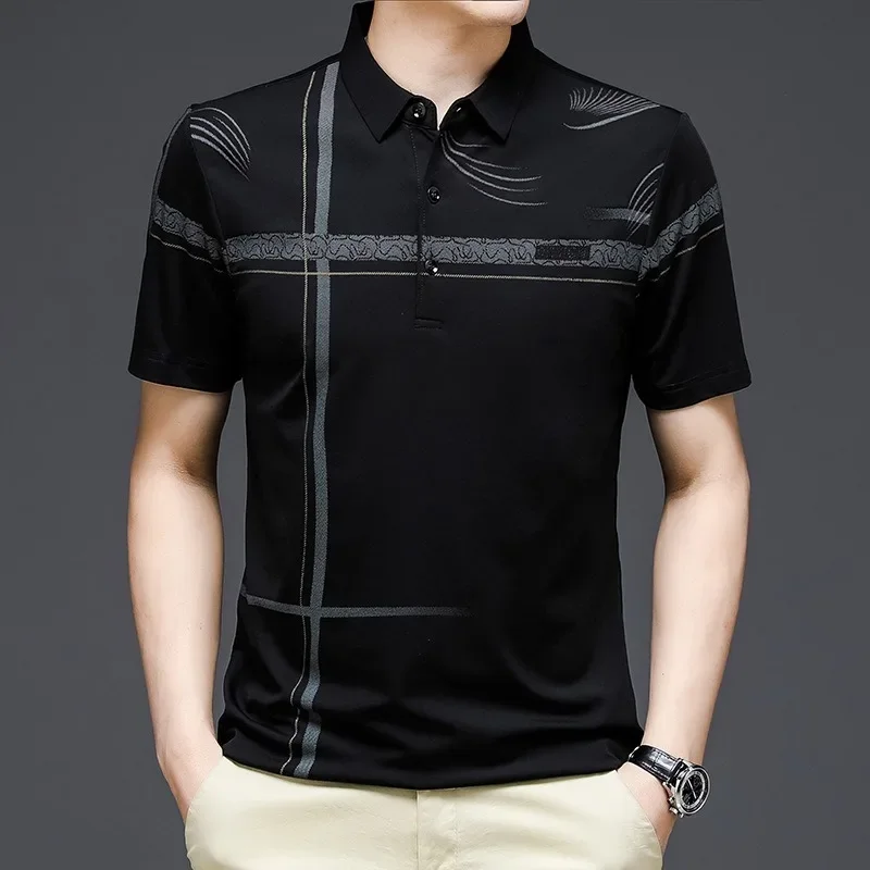 2024 Men\'s Summer Men\'s T-shirt Flip Collar Polo Business Casual Ice Silk T-shirt Short Sleeve