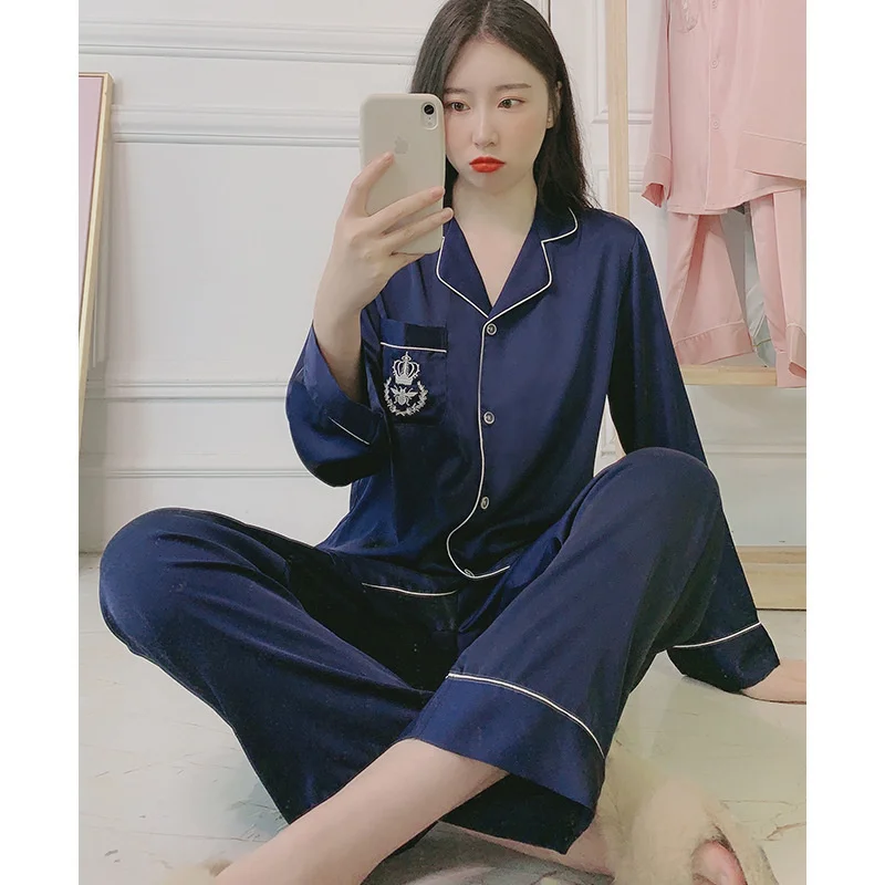 

Net Red Women's Pajamas Spring and Autumn V-Neck Long Sleeve Home Two Piece Suit Satin Chiffon Thin Home Suit Sleepwear