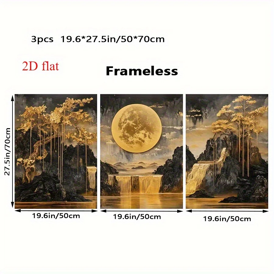 2D plat, 3 pièces sans cadre doré et noir peinture à l'encre traditionnelle chinoise impressions d'art de paysage-cascade tranquilique et montagne Sce