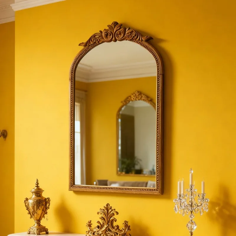 Wabi-sabi style, natural shallow wood archway hanging mirror, top-tier scroll pattern carved mirror, bedroom entryway niche vint