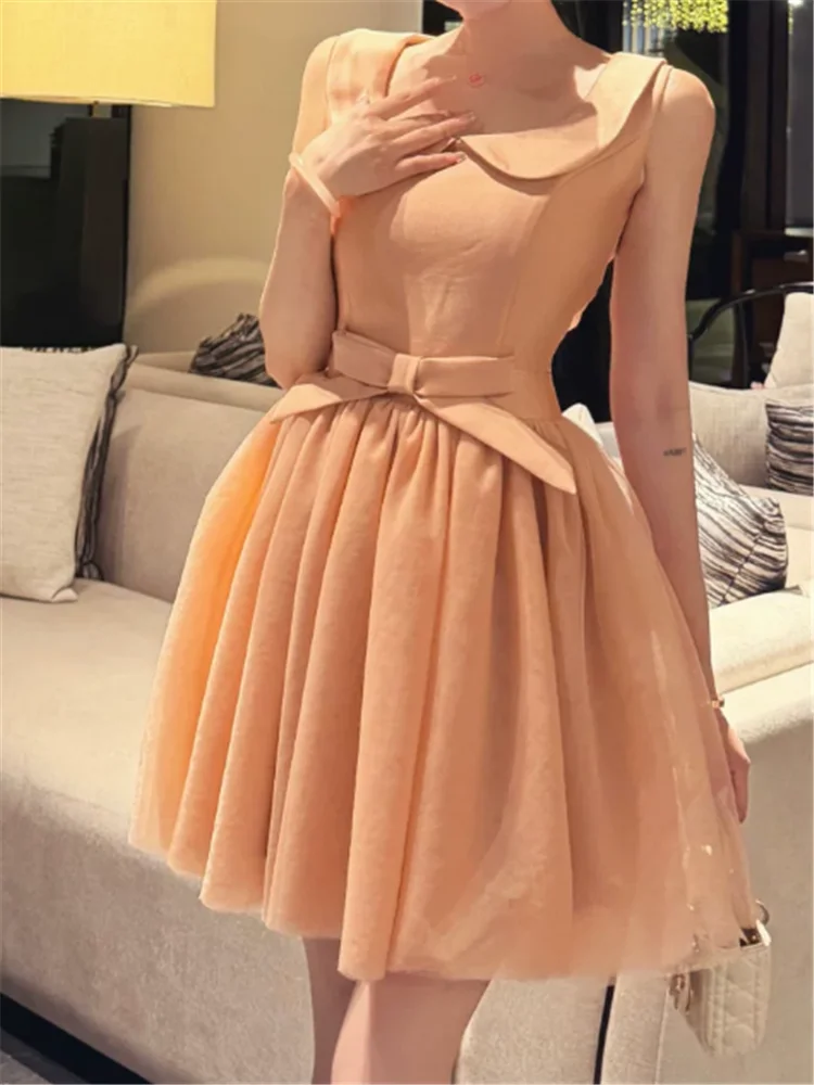 French Doll Collar Bow Waist Princess Girl Short Birthday Dress New Summer Sleevless Sweet Ballet Fluffy A Line Party Mini Dress