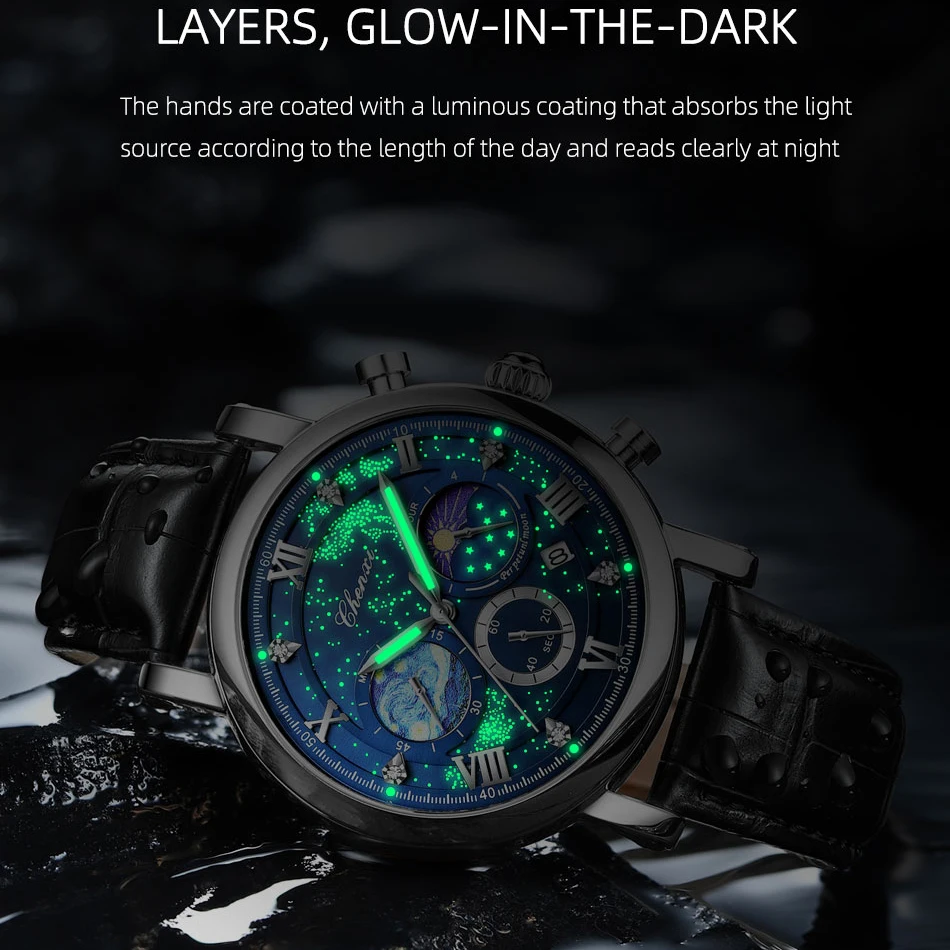 CHENXI Watches Luxury Men Leather Business Casual Quartz Wristwatch Male Luminous Moon Phase Chronograph Watch For Mens Gifts