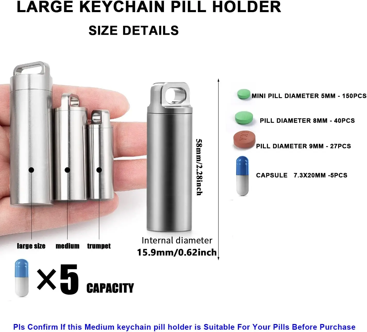 TIMULTI Keychain Pill Holder Medium H6, Metal Titanium Pill Holder Pocket Pill Box Keychain Waterproof Pill Bottle