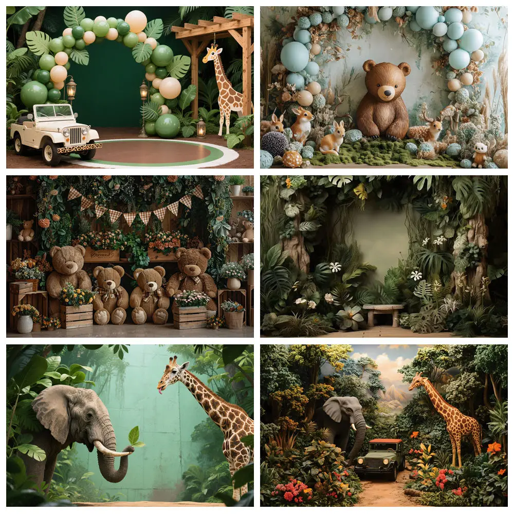 

Green Jungle Animal Photography Background Custom Lion Giraffe Zebra Truck Decor Backgrop Child Birthday Photo Studio Photo Prop