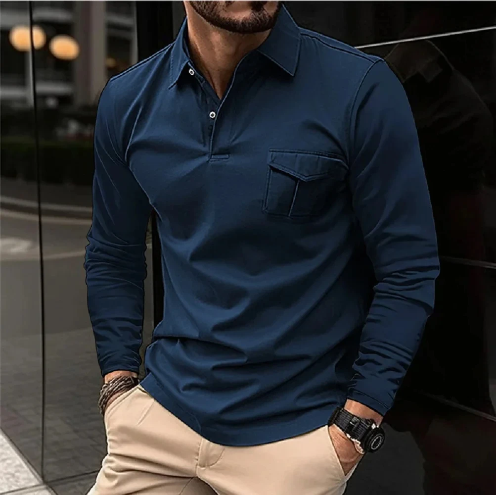 New Long Sleeve Men\'s Casual Loose Lapel Polo Shirt Solid Color Pocket Autumn Winter Sports Polo Shirt T-shirt