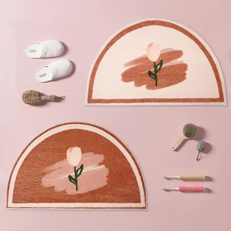 Plush Fluffy Flower Carpet Absorb Water Soft Bathroom Semicircle Floor Mat Entrance Doormat Bedroom Home Decor Non-slip Area Rug