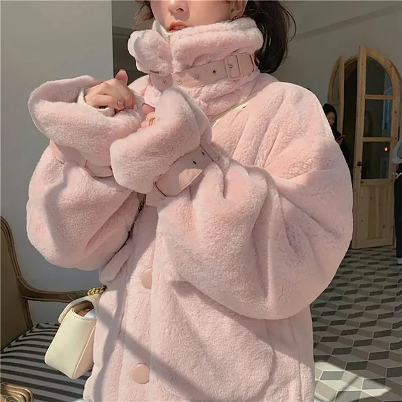 

Autumn Winter Imitation Fur Jacket Warm Overcoat Korean Solid Sweet Single-breasted Pocket Coat Women Fashion Pink White Parkas