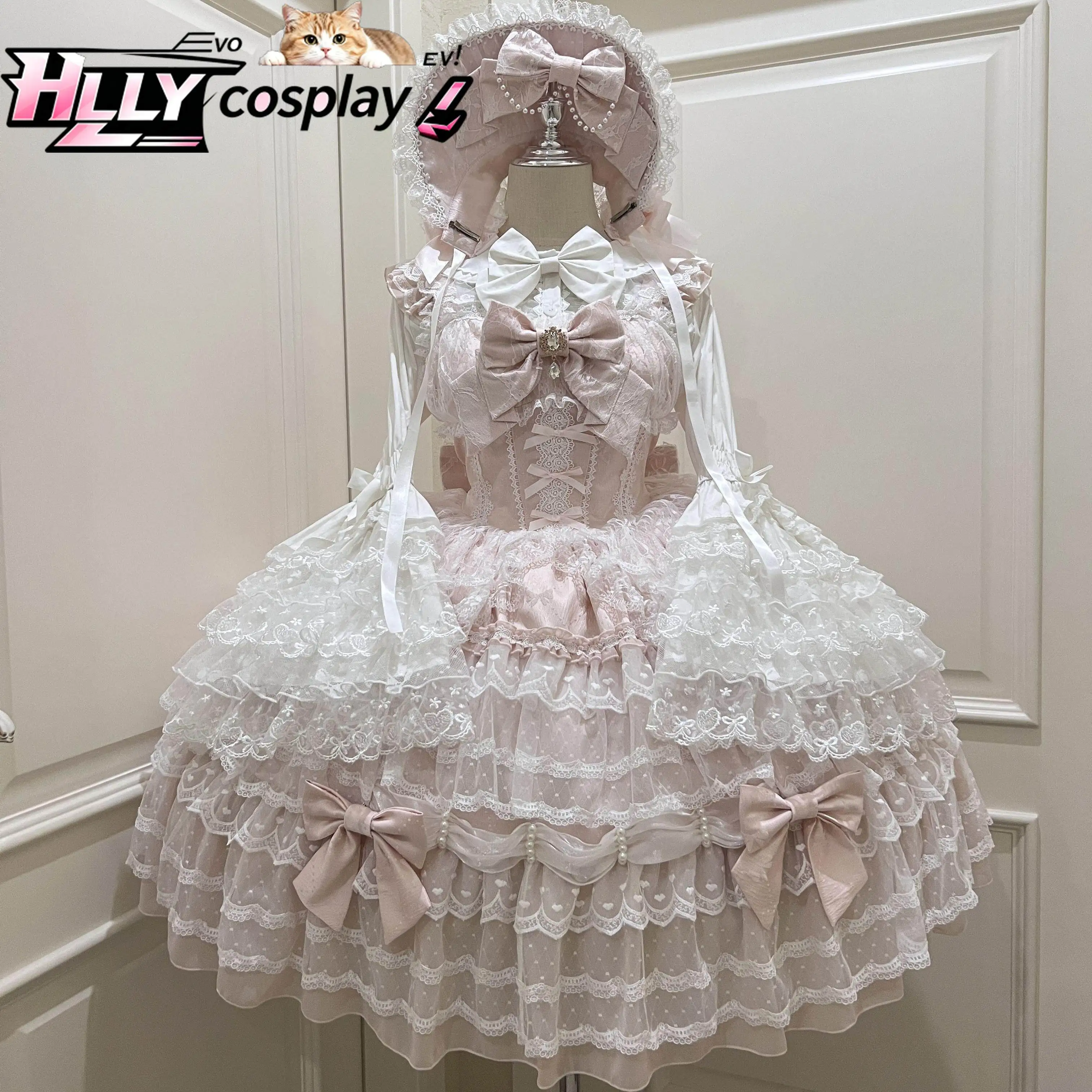 

Original Sweet Lolita JSK Dress Pink White Tiered Ruffle Lace Bow Doll-like Princess Vintage Winter Autumn Camisole Suspender