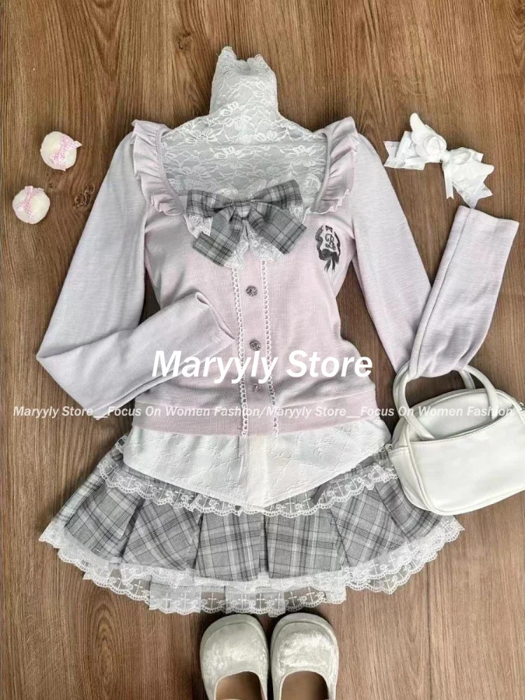 Set da 2 pezzi stile dolce preppy giapponese da donna top con fiocco patchwork in pizzo Kawaii + minigonna scozzese Y2k abiti eleganti alla moda nuovi