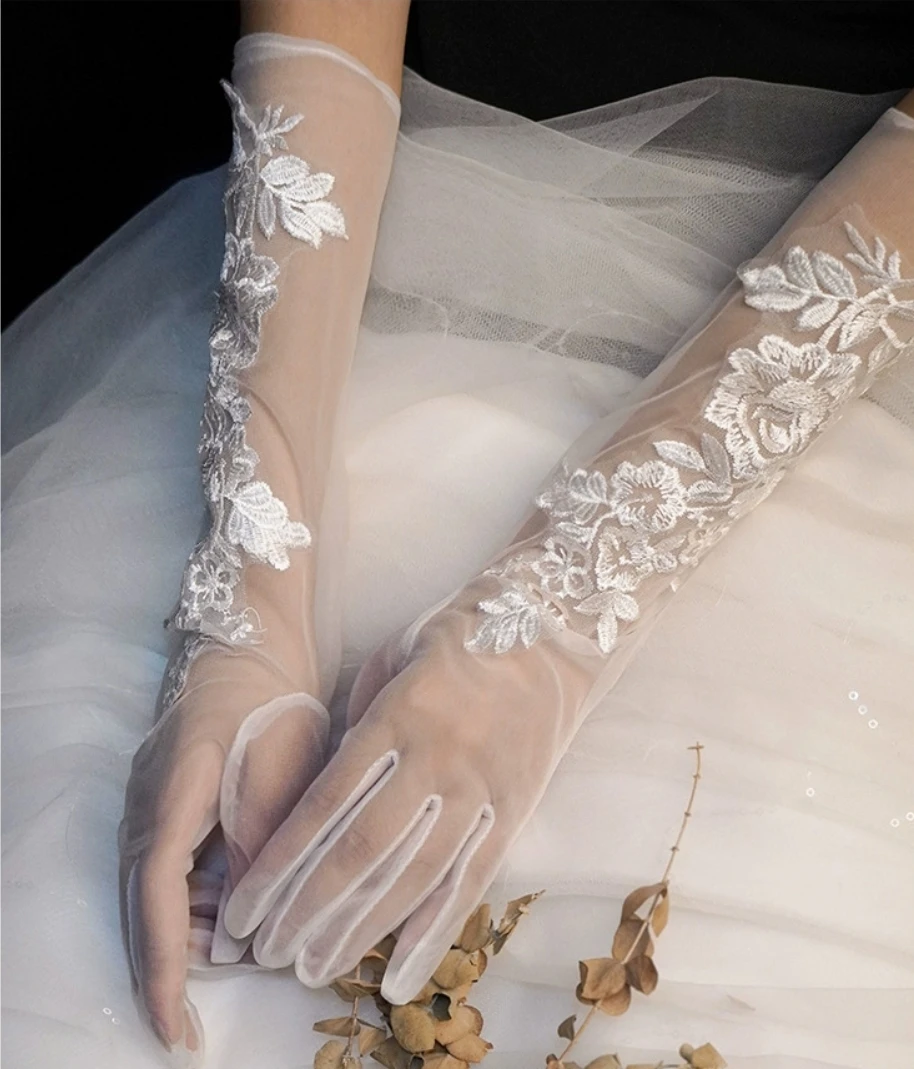 Elegant Wedding Bridal Gloves Long Elbow Finger Lace White Embroidered Women Gloves For Party Prom Wedding Brides Accessories