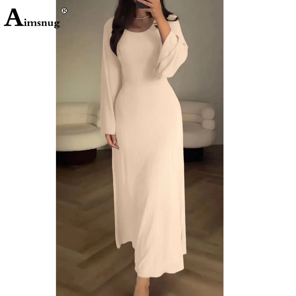 Aimsnug Boho Solid White Perspective Dresses Women Long Sleeve Maxi Dress Plus size Ladies Vintage Simple Basic Knitted Dress