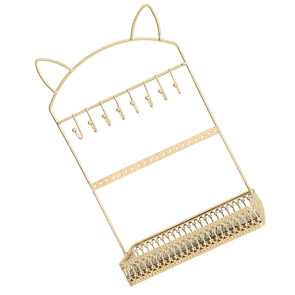 

Cat Ear Jewelry Holder Iron Display Rack for Earrings Necklace Bracelet Storage Organizer with Tray Desktop Adornment