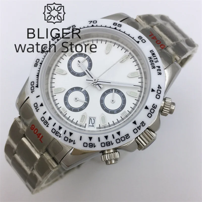 Bliger39mm Quartz Men Watch VK63 Movement Motion Multifunctional Time Meter Commercial Sapphire Glass Ceramic Bezel Steel Strap