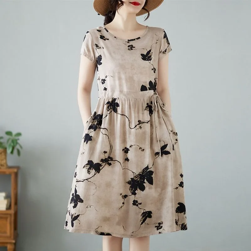 

Women's Beige Short Sleeve Dress Floral Print Loose Fit Midi Casual Vintage Style Comfortable Daily Summer Dress