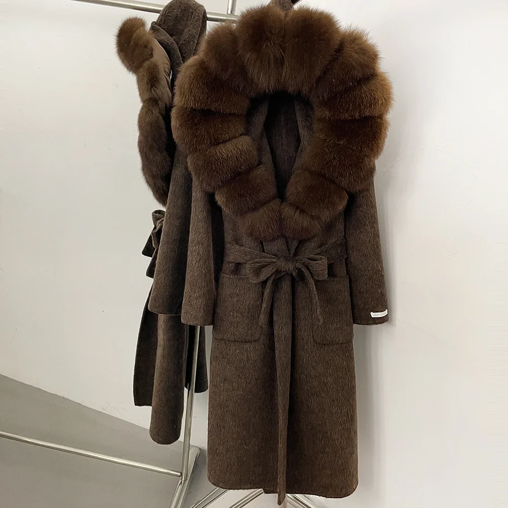 OFTBUY Neue Winterkleidung für Damen, Langer Mantel mit Kapuze aus 100% Wolle mit Echtfuchs-Pelzbesatz, Luxuriöse Lose Natürliche Pelz-Wolljacke für Damen – Detail 7