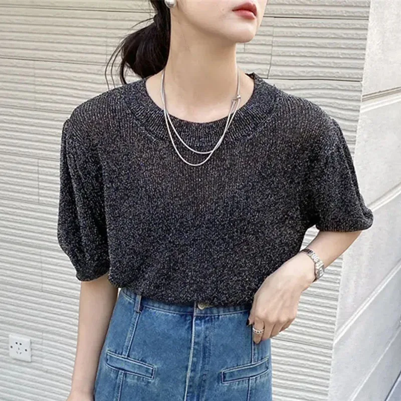 

Женский вязаный свитер с круглым вырезом, черный, модный летний пуловер с коротким рукавом, топ Q3439