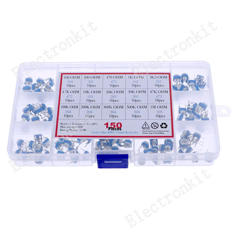 150pcs 15Value Trimming Potentiometer Adjustment RM065 Variable Resistors Kit 100 470 1K 3.3K 4.7K 10K 30K 47K 100K 200K 500K 1M