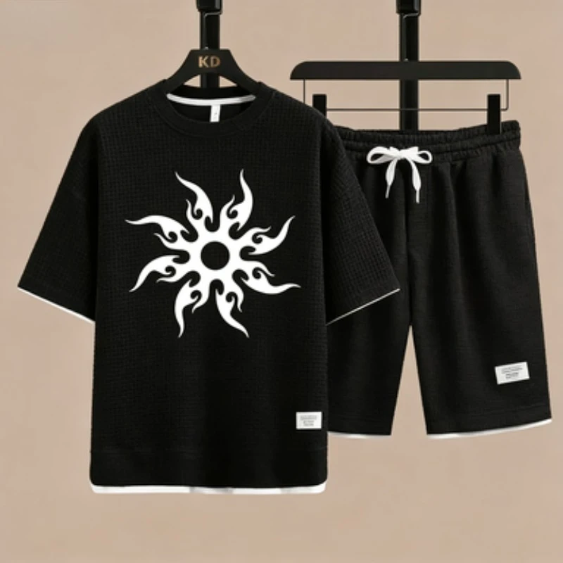 

2026 New Men's Waffle Fabric Tracksuit Tribal Sun Flame Print T Shirt + Shorts Two Piece Set Streetwear 2026