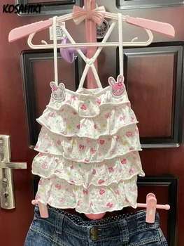 Y2k estetyczna letnia kamizelka z haftem japońska kreskówka drukuj słodka Kawaii śliczny Tank Harajuku kobiety Backless potargane kamizelki